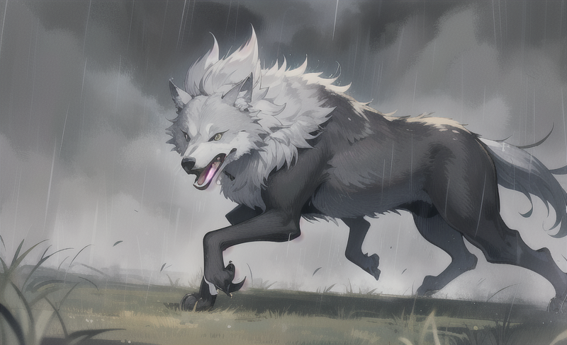 A wolf with grey hair is running powerful on rainy grassland.