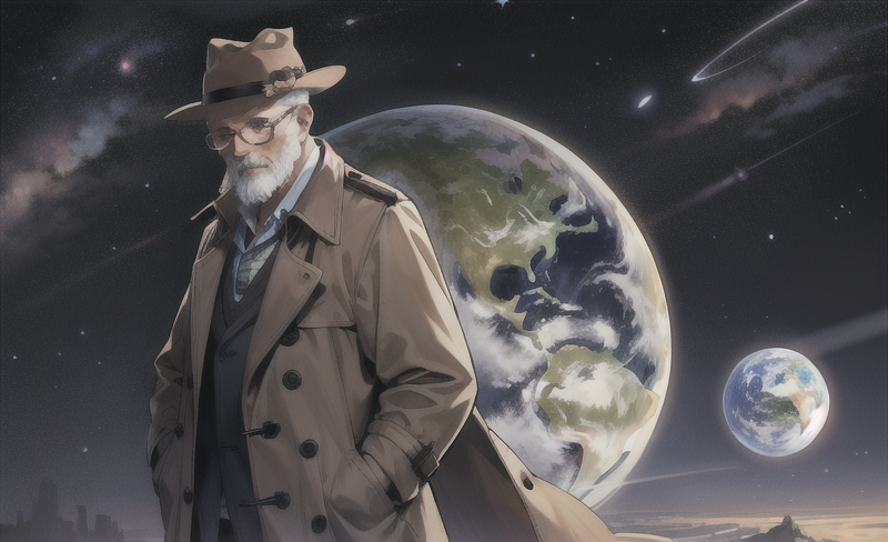 An old man with glasses standing in outer space is gently staring at the distance. The old man is dressed a brown trench coat and a hat. The old man&rsquo;s hands are in his trench coat pockets. There is the earth in the old man&rsquo;s background.